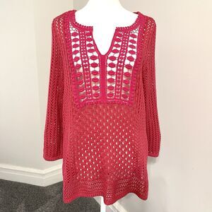 Chicos Sweater Sz 2 Womens Size Large Open Weave 3/4 Sleeve Top Beach Cover Pink